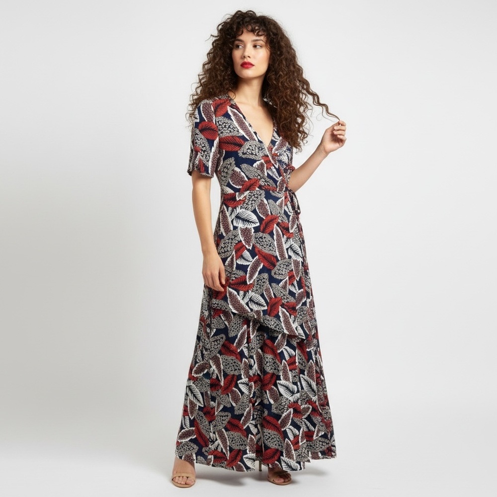 ETWO Red & Turquoise Tropical Leaf Rayon Maxi Dress - Size L